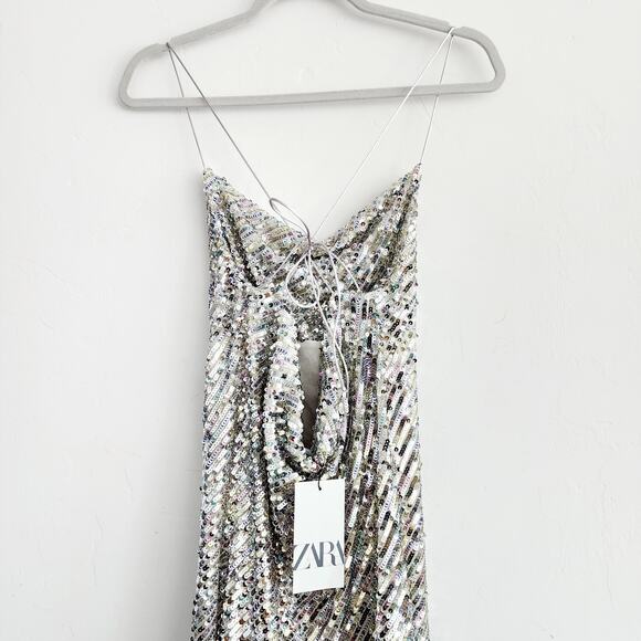Zara Metallic Silver Sequin Spaghetti Strap Mini Dress Size XS - Picture 5 of 6